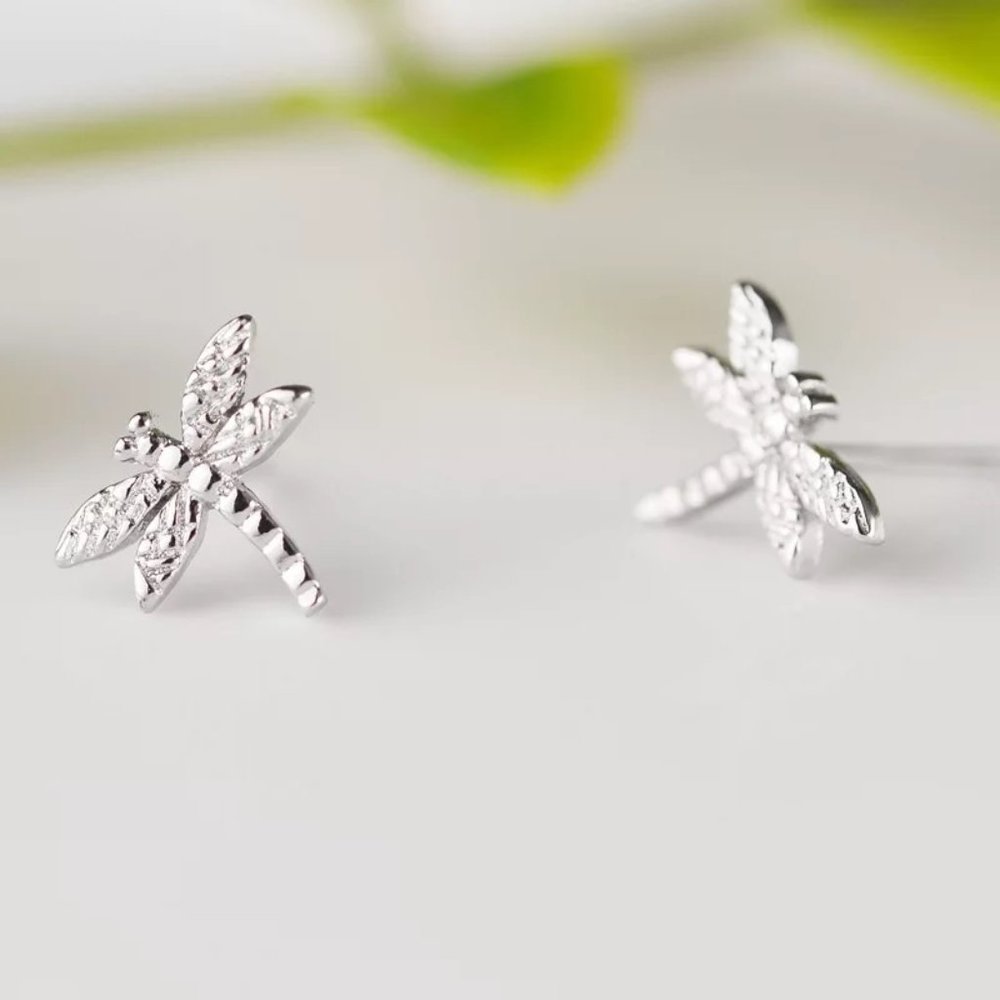 14k Gold Dragonfly Stud Earrings Sterling Silver - Picture 4 of 9
